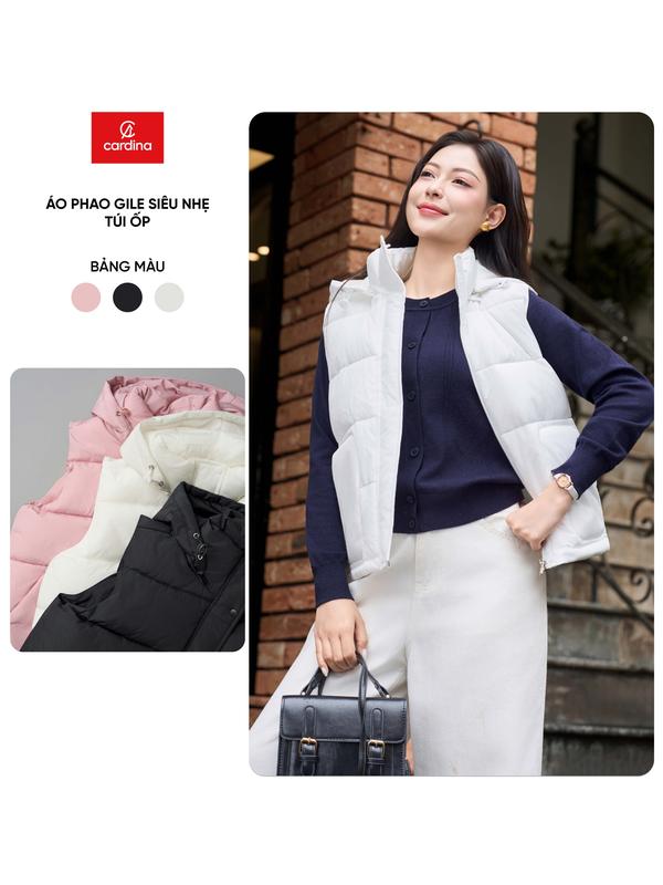 Áo phao nữ CARDINA dáng gile chất liệu gió chần bông siêu nhẹ túi ốp có mũ 5PNF01