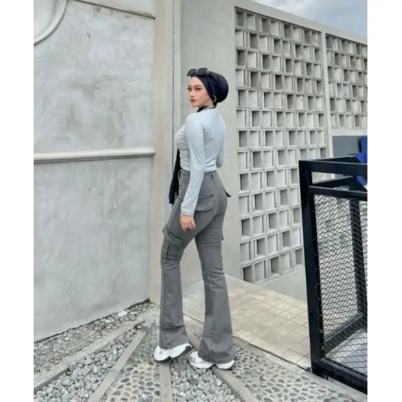 Celana Cargo Cutbray Stretch Highwaist Jeans Size27-34 Panjang Wanita Loose 3