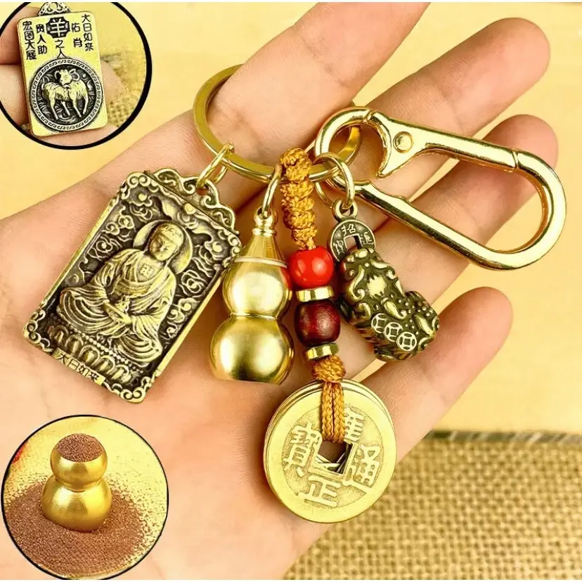 [ Tặng Kèm Chu Sa Và Móc Khóa Đồng ] Móc Khóa Bát Tụ Bảo Xoay 12 Con Giáp, Bộ Móc Khóa Phong Thủy 5 Món Kèm Móc Treo XE MÁY OTO .