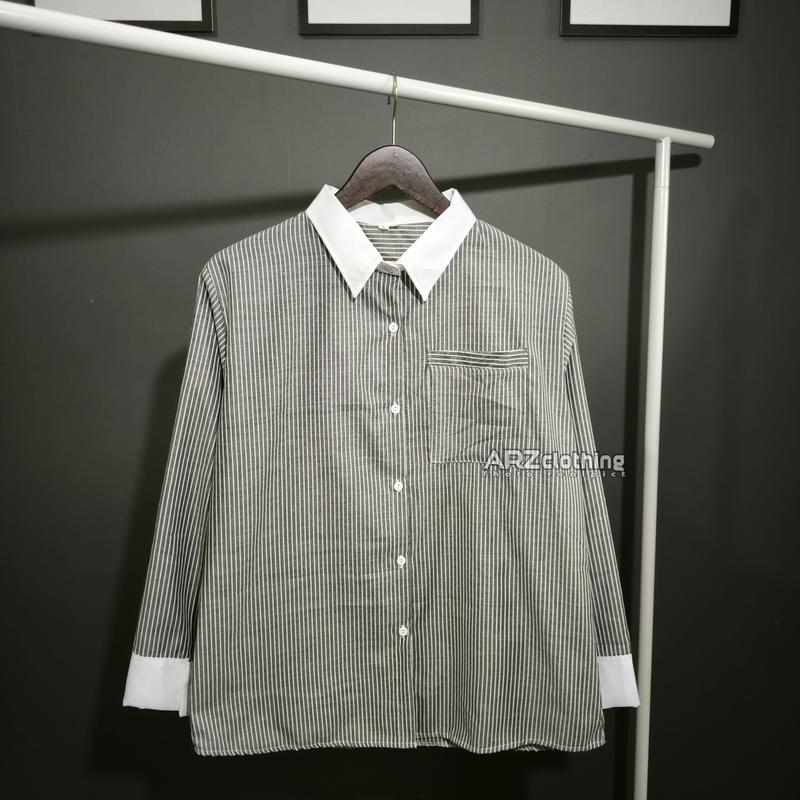 Kiyora Suzy Salur Lidi Kemeja Wanita Lengan Panjang - Stripe Shirt Kombinasi Putih Korean Style 7