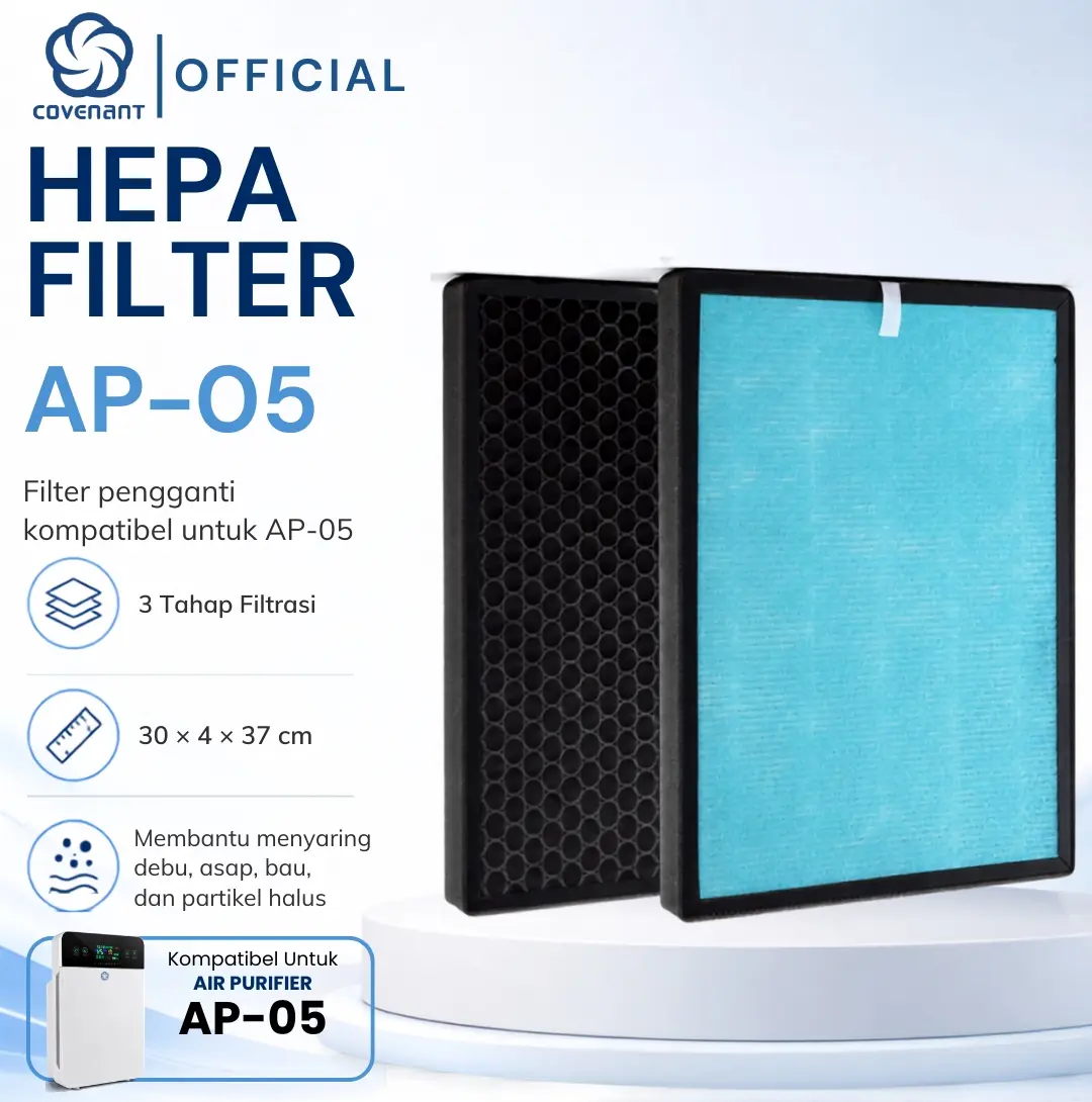 Covenant Official HEPA Filter Untuk Air Purifier AP-05 Filter Udara Anti Alergi Bakteri Debu Asap dan Bulu Hewan Dengan Sistem 3 Tahap Filtrasi 3in1 Pre-Filter Carbon PM2.5