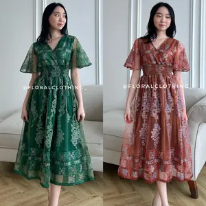 Dress wanita kondangan pesta mewah korean look pinggang karet F42