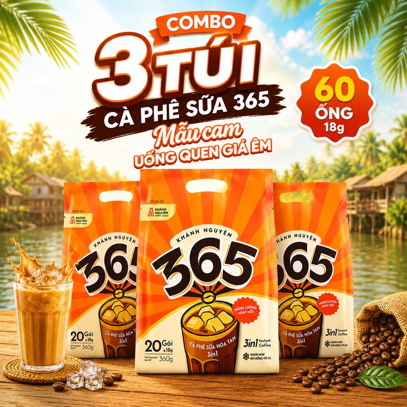 3 Túi Cà phê Sữa Hòa Tan 3in1 Khánh Nguyên 365 Cam - Ít sữa