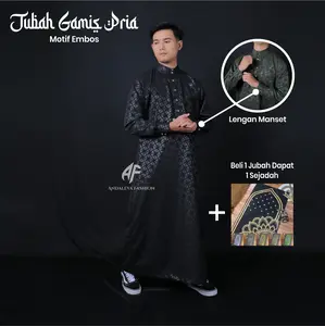 Gamis Pria Remaja Dewasa Muslim - Bahan Embos, Model Kancing Sultan, Lengan Manset Elegan
