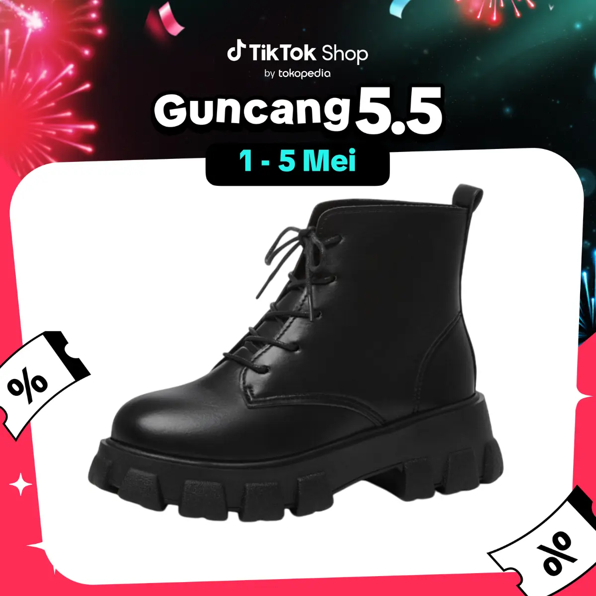 PINKEY P016 Sepatu Boots Martin Wanita Hitam Karet Kantor Shoes Premium Quality docmart wanita tinggi