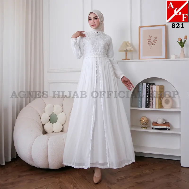 Agnes Hijab - Khairany Dress Gamis Putih Lebaran 2025 Dewasa Premium Elegan Gaun Mewah Elegan Karet Kombinasi Mutiara Pesta Kondangan Haji Umroh 821 1