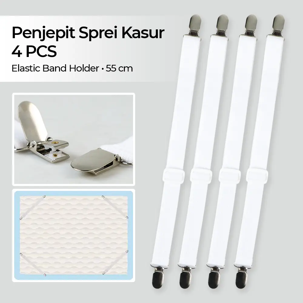 Klip Penjepit Sprei Anti Geser 4 PCS Alat Pengencang Ujung Sudut Kasur Elastic Band Holder-Putih Selimut