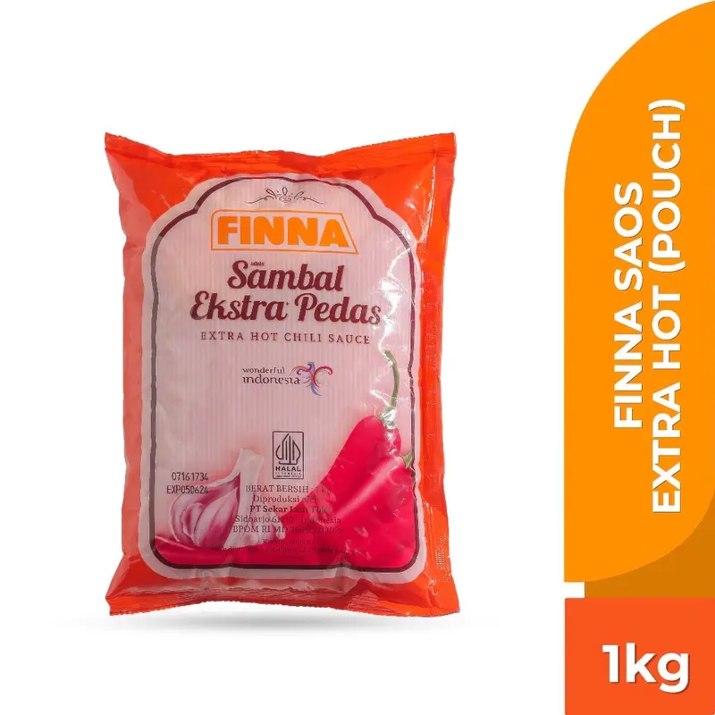 Saos Sambal Extra Pedas Finna 1kg - Cocok untuk Ayam Goreng, Lumpia, Dim Sum, Martabak, dan Gorengan Lainnya - Bahan, Tomat, Botol, Lada bangkok uleg sao s kemasan 0