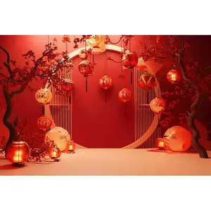 Kain Latar Belakang Fotografi Dalam Ruangan Gaya Cina Untuk Potret Keluarga Kain Gantung Untuk Studio Foto Potret Dengan Lampu Merah Dan Pohon Bunga