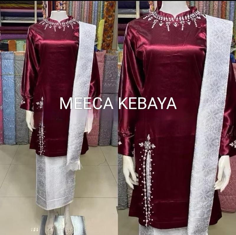 set Baju Kurung Melayu Selendang / Baju Kurung Malaysia Baju Kurung Wisuda Terbaru / Set Baju Kurung Melayu / Set Tunik Payet Modern / Bahan Satin Bridal Premium / Set Seragam Pesta Atasan Dress one  set 1