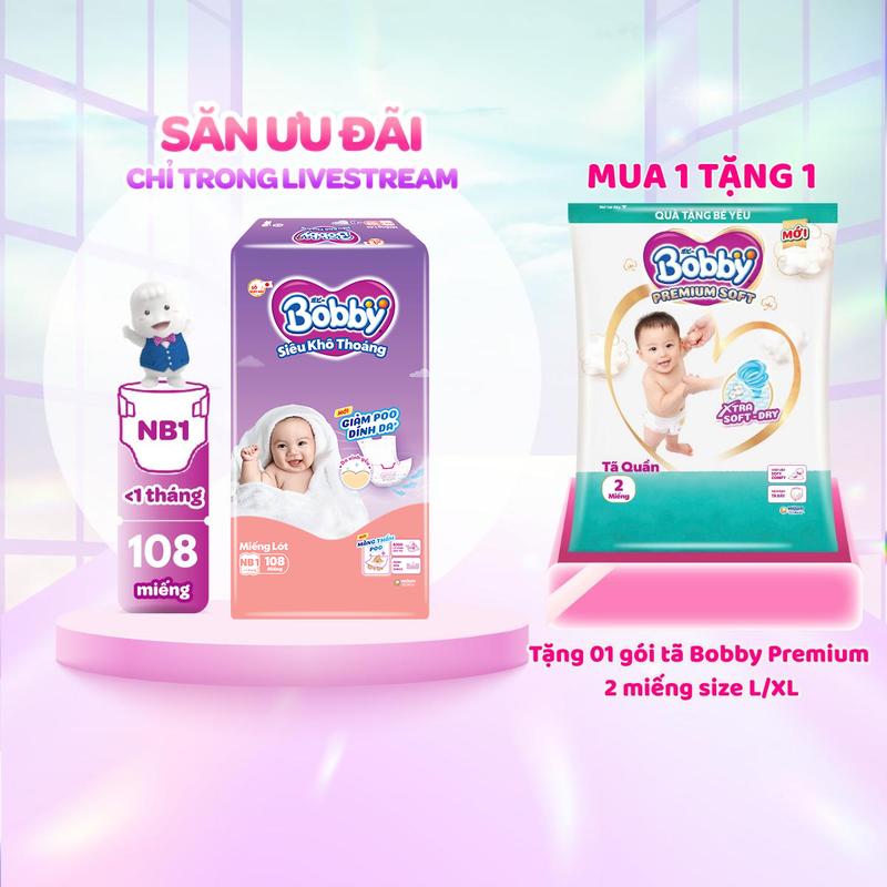   TẶNG TQ PREMIUM SOFT L2 XL2  Bobby Miếng lót sơ sinh Newborn 1 - NB1  108 miếng 64 miếng 28 miếng  Siêu khô thoáng  bao bì ngẫu nhiên  