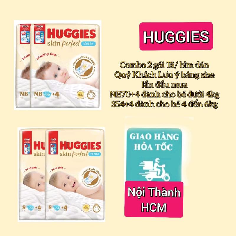 COMBO 2 GÓI Tã bỉm dán thấm hút tốt cho bé sơ sinh Huggies Skin perfect với 2 vùng thấm giảm kích ứng da Size NB70+4 S54+4 M46+3 Bỉm Mềm Mỏng Mặt Lưới 4D Bubaby bỉm bejoyle quần thuyền xưa gia vị ăn dặm kem hàm bepanthen sữa