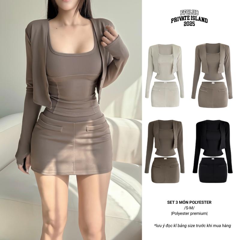 CÓ TÁCH SET ÁO CARDIGAN THUN POLY + TANKTOP 2 DÂY CỔ VUÔNG THUN POLY KAITY & CHÂN VÁY POLY 2 LỚP - FRIENDS FOREVER CHÍNH HÃNG