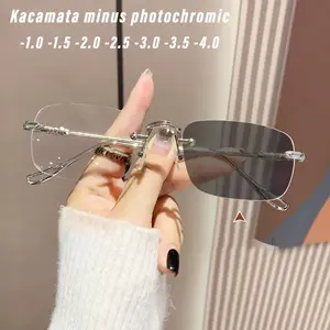 Kacamata minus photochromic baru, lensa minus berkisar dari 0 hingga -4.0, Kacamata fashion dengan lensa anti cahaya biru, anti radiasi, tanpa bingkai dan dapat berubah warna Elegan