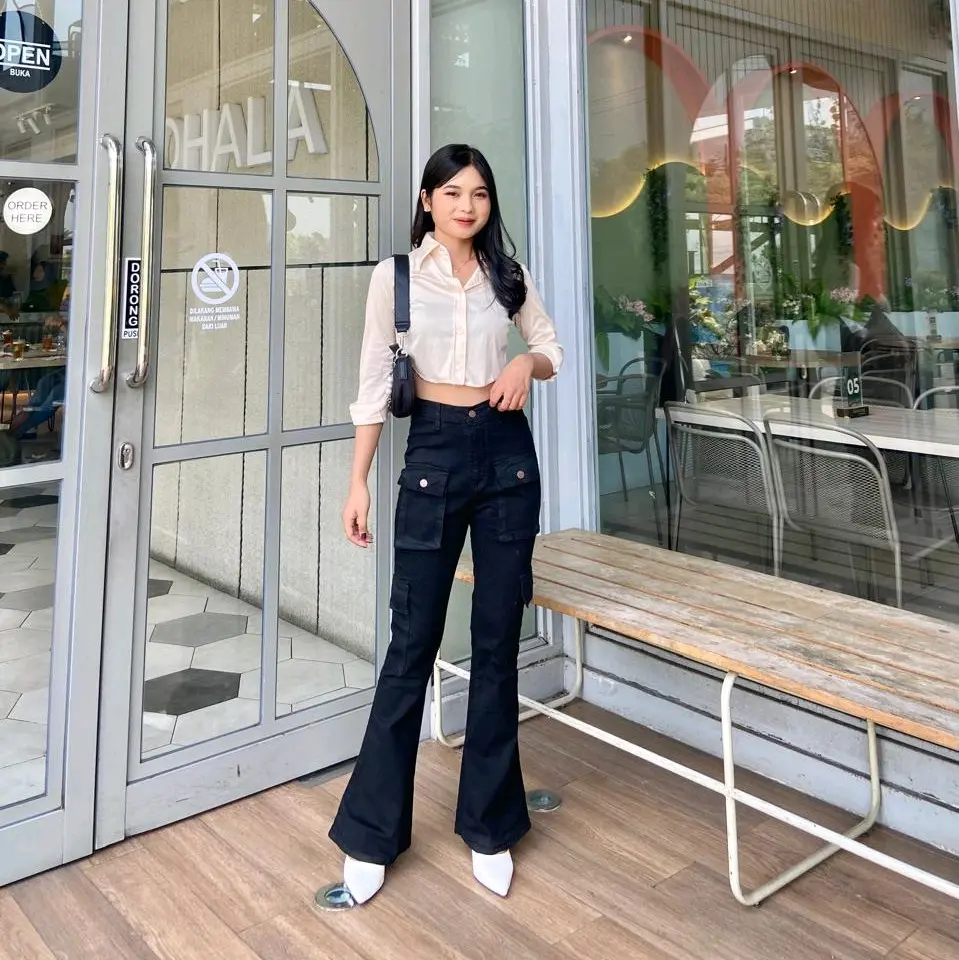 FJ- Cutbray Cargo Jeans Highwaist Saku Wanita   Big Size 27 - 42 celana kantong depan cutbray jeans wanita