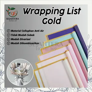 Wrapping Paper List Gold Kertas Buket Bunga 56cm x 53.5cm Waterproof | Kertas Cellophane List Gold Warna Lengkap | Kertas Wrapping Import Premium | Cellophane Paper Gold Border | Kertas Buket Bunga Cantik Elegan