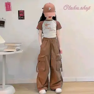 setelan cargo anak perempuan fashion korean style usia 2-12 tahun - Oneset anak Perempuan motif STAR GIRL'S Terbaru model Skena Celana Gombrang saku Cargo