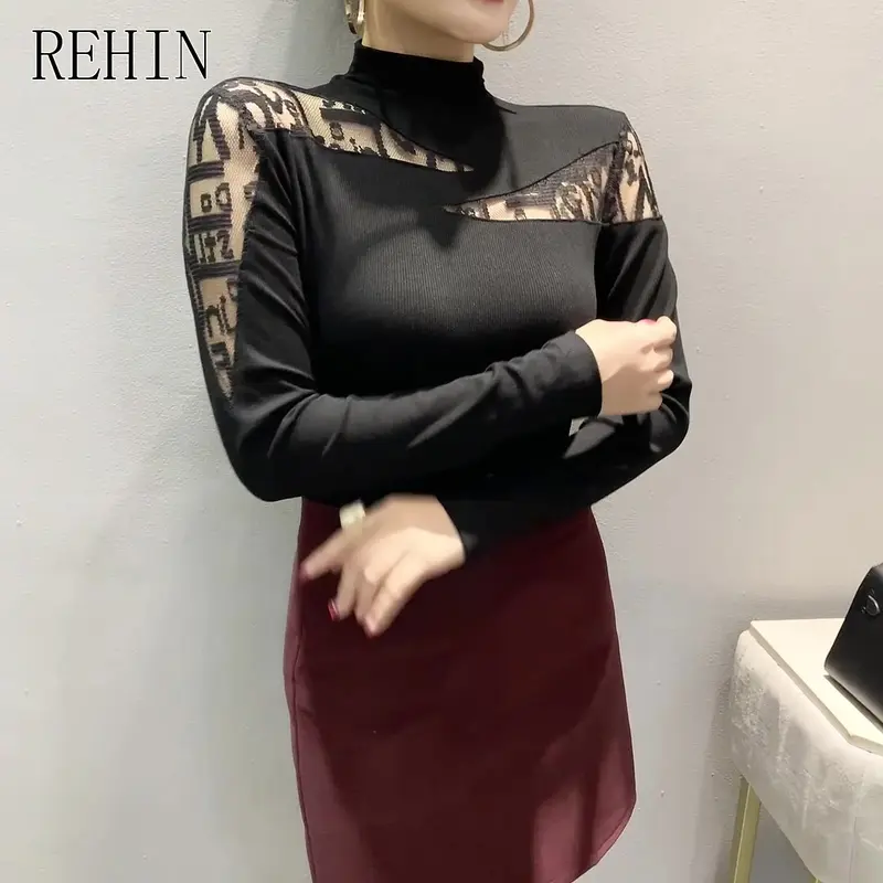REHIN Áo Thun Cotton Dài Tay Bất Đối Xứng Phong Cách Hàn Quốc Mới Mùa Thu Đông, Dáng Ôm, Áo Nữ Thời Trang Top Women 1