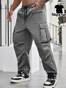 Pantalones cargo para hombre de talla grande, corte regular, sólidos con bolsillo con cierre y solapa, pantalones casuales con cordón para uso diario, pantalones de moda de talla grande para todas las estaciones
