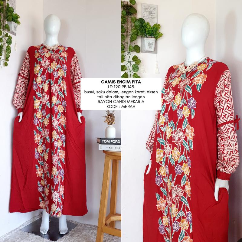 gamis encim pita  LD 110-120 | busui friendly | gamis batik cap colet premium rayon candi mekar Muslim Dress Wanita 5