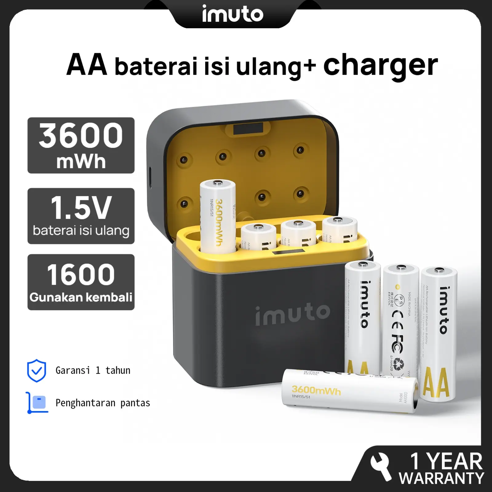 imuto Baterai AA Lithium-ion Isi Ulang 1.5V - Kapasitas 3600mWh - Paket 8 + Fast Charger - Tahan 1600x Isi Ulang