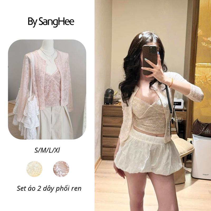 Set Áo Hai Dây Phối Ren Kèm Cardigan Ren Nữ Cao Cấp, SangHee VN,Set Áo Hai Dây Ren Hoa Kèm Khoác Mỏng Hot Trend
