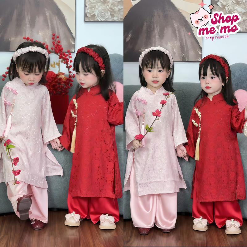 Shopmemo x Tặng Kèm Bờm Áo Dài Tết Cho Bé Gái - Áo Cách Tân - Chất Liệu Vải Lụa Gấm Quần Lụa Ngọc Trai Mặc Dễ Thương 8-20kg