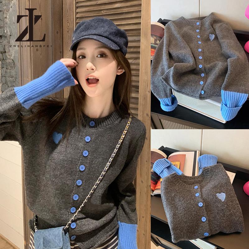 HÀNG QC Áo len cardigan Thêu trái tim cổ tròn tay áo dài quần áo dệt kim