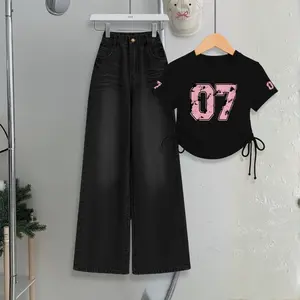 Setelan Anak Perempuan Usia 9-12 Tahun Crop Top Serut dan Celana Jeans Kulot Tipis Adem dan Ringan