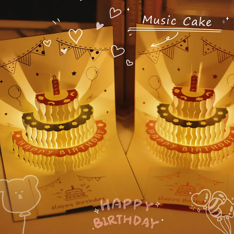 Kartu Ucapan Pop Up 3D Bentuk Kue Ulang Tahun Dengan Lampu + Musik& Cards 0
