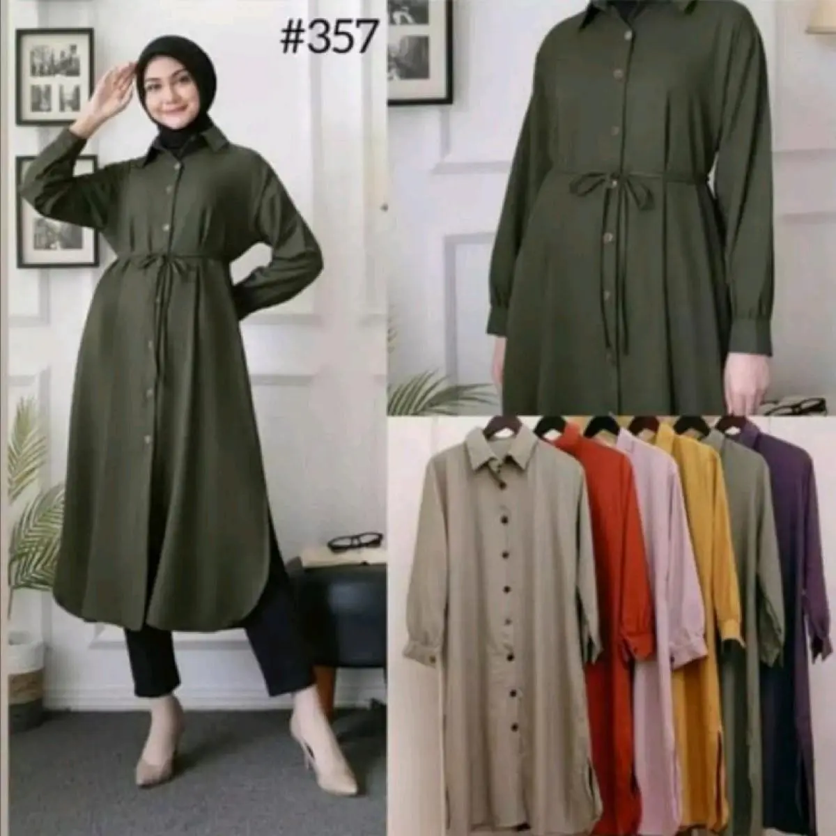 Atasan Tunik Bulat Polos Basic Jumbo Tali Pinggang Bahan Khasibo Premium Lembut Wanita Muslim Oversize Kerah Kancing