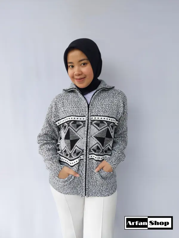 Jaket Rajut Resleting Leher Tinggi Tebal Premium Pria Wanita | Sweater Knit Zipper Turtleneck Motif Saku | Knitwear Baju Hangat Ibu 1