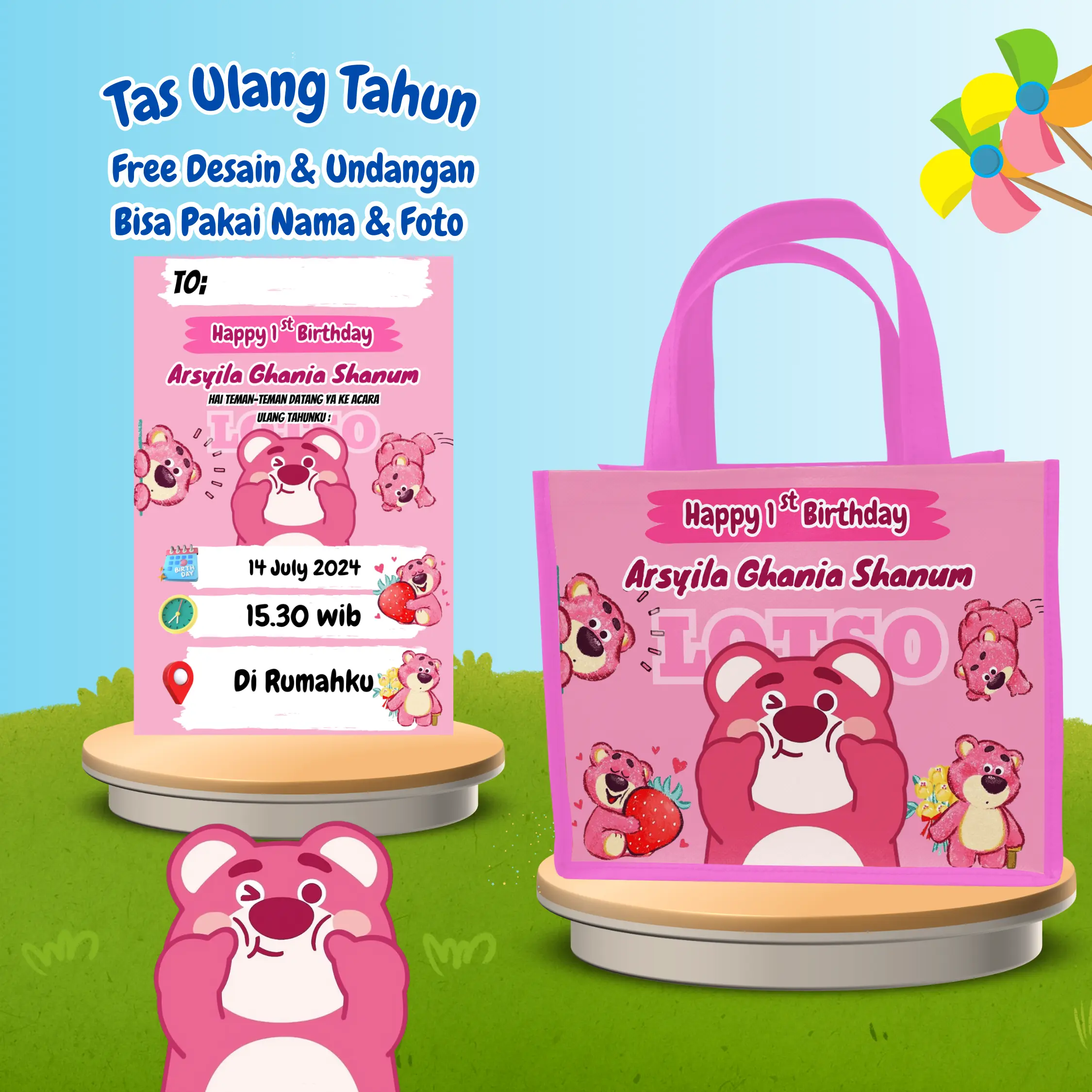 ( 20 Pcs ) Tas & Free Undangan Anak Ulang Tahun Custom Desain Muat Kfc Snack Kain