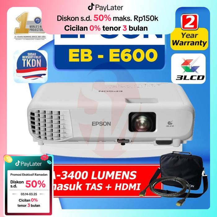 Gambar Projector Epson EB E600 3400 LUMENS HDMI 3LCD sudah TKDN dari SinarMutiara Online Kota Administrasi Jakarta Barat Tokopedia
