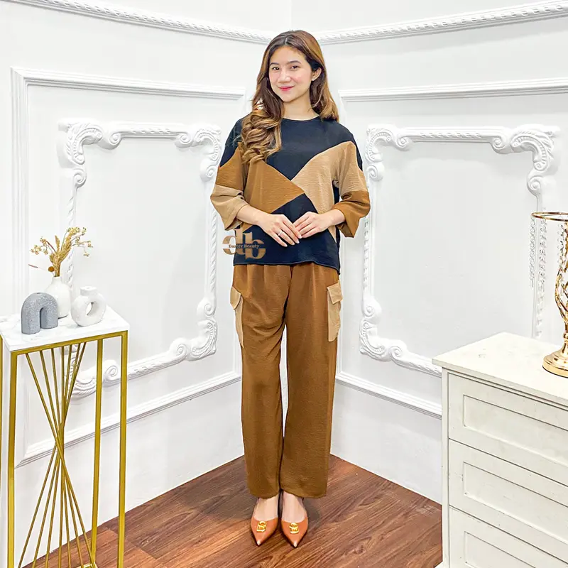 db - AURA baju setelan muslim wanita kekinian korean style remaja dewasa crinkle airflow celana panjang atasan 3/4 terbaru 2025 baju set santai Kulot Casual 5