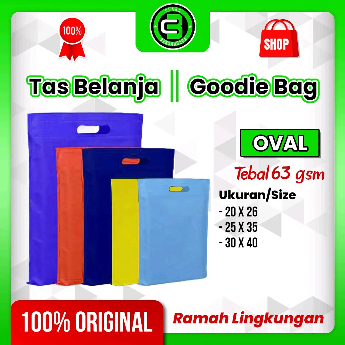 ( Isi 20pcs/1 Kodi Ukuran 30 X 40 cm ) Goodie Bag | Tas Belanja | Tas Souvenir | Tas Hajatan | Tas Ulang Tahun | Spundbond Goodie Bag - Oval 63GSM