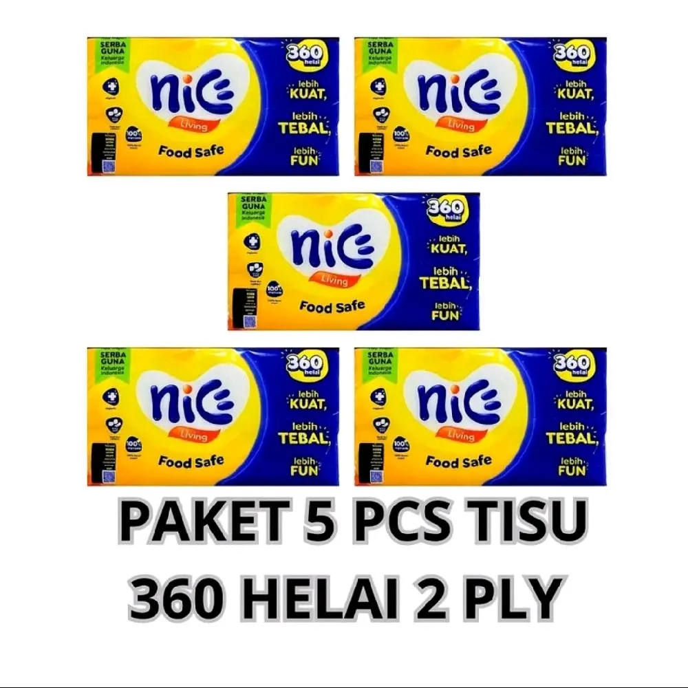 Nice Tisu Facial 180 Sheet Paket 5 Pack Serat Alami Daya Serap Kuat untuk Keperluan Rumahan Tissue Lembut Helai Halal dan Aman 360
