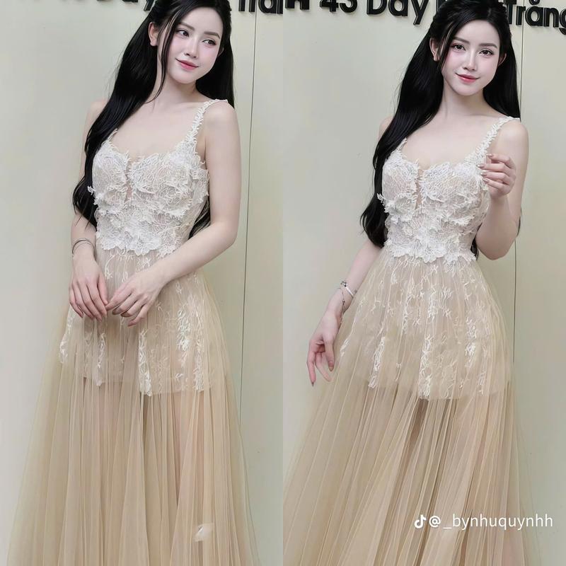 Váy ren hoa phối lưới dài đi tiệc KHANHTHU