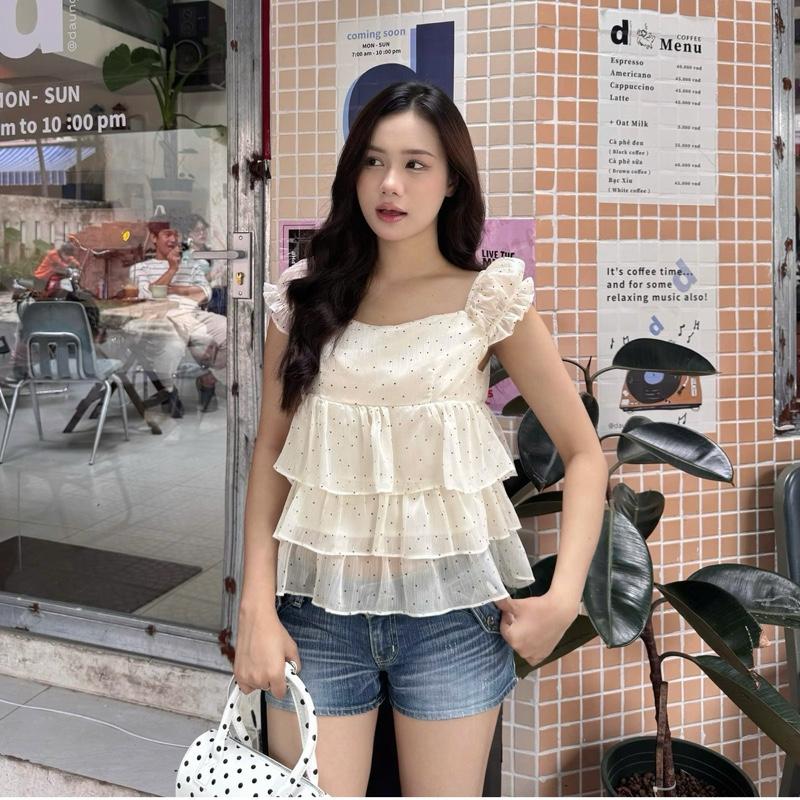 Áo babydoll voan chấm bi nhiều tầng áo kiểu trễ vai phong cách Hàn Quốc Salavi N2 080