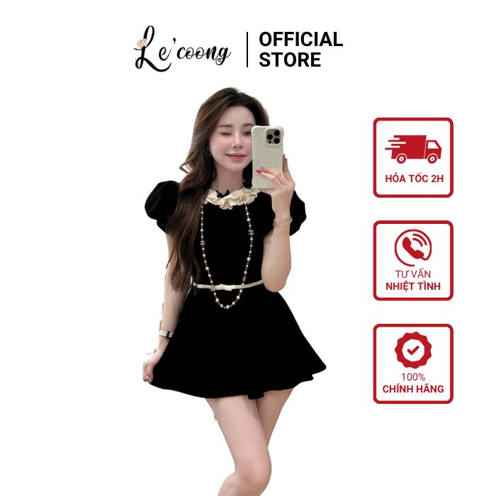  Váy Nhung Tiểu Thư Dáng Ngắn Phối Viền Nơ Trắng  CÓ BIGSIZE   LECOONG V817 Đầm Đẹp Tay Phồng Sang Chảnh 