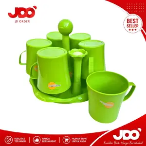 Golden Sunkist Set 6Pcs Cangkir Mug 300ml & Stand Gelas Plastik Hijau Praktis Higienis Hemat Tempat untuk Minuman Panas Dingin