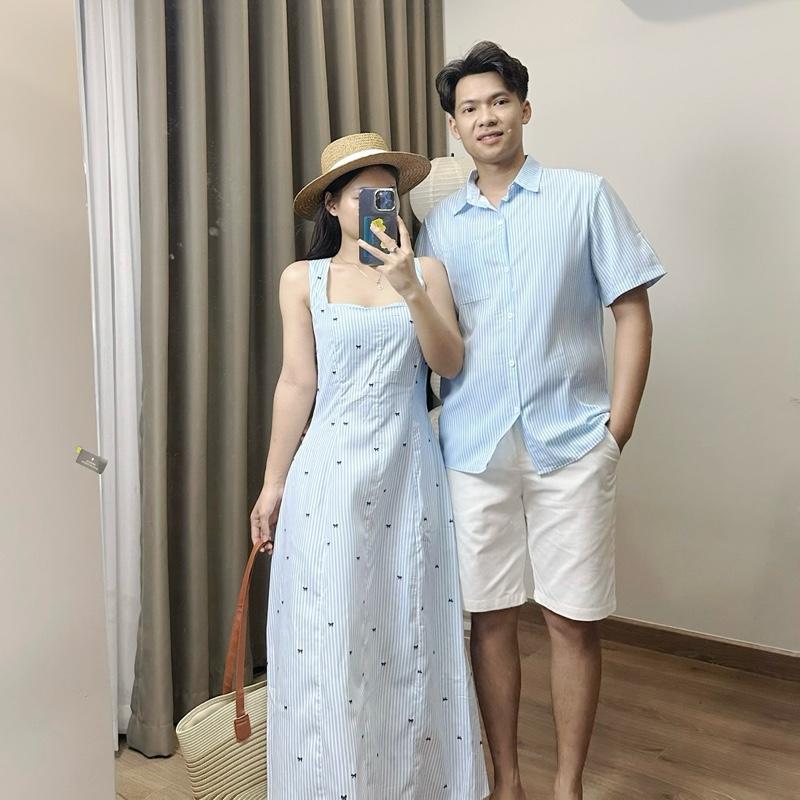 S -58 GIÁ CẢ CẶP Set đồ đôi nam nữ couple váy 2 dây bản to for Hàn dáng dài kẻ sọc in nơ và áo sơmi nam . Set đồ đôi mặc cùng người yêu đà lạt vay nu dangdai bigsize mix do big size