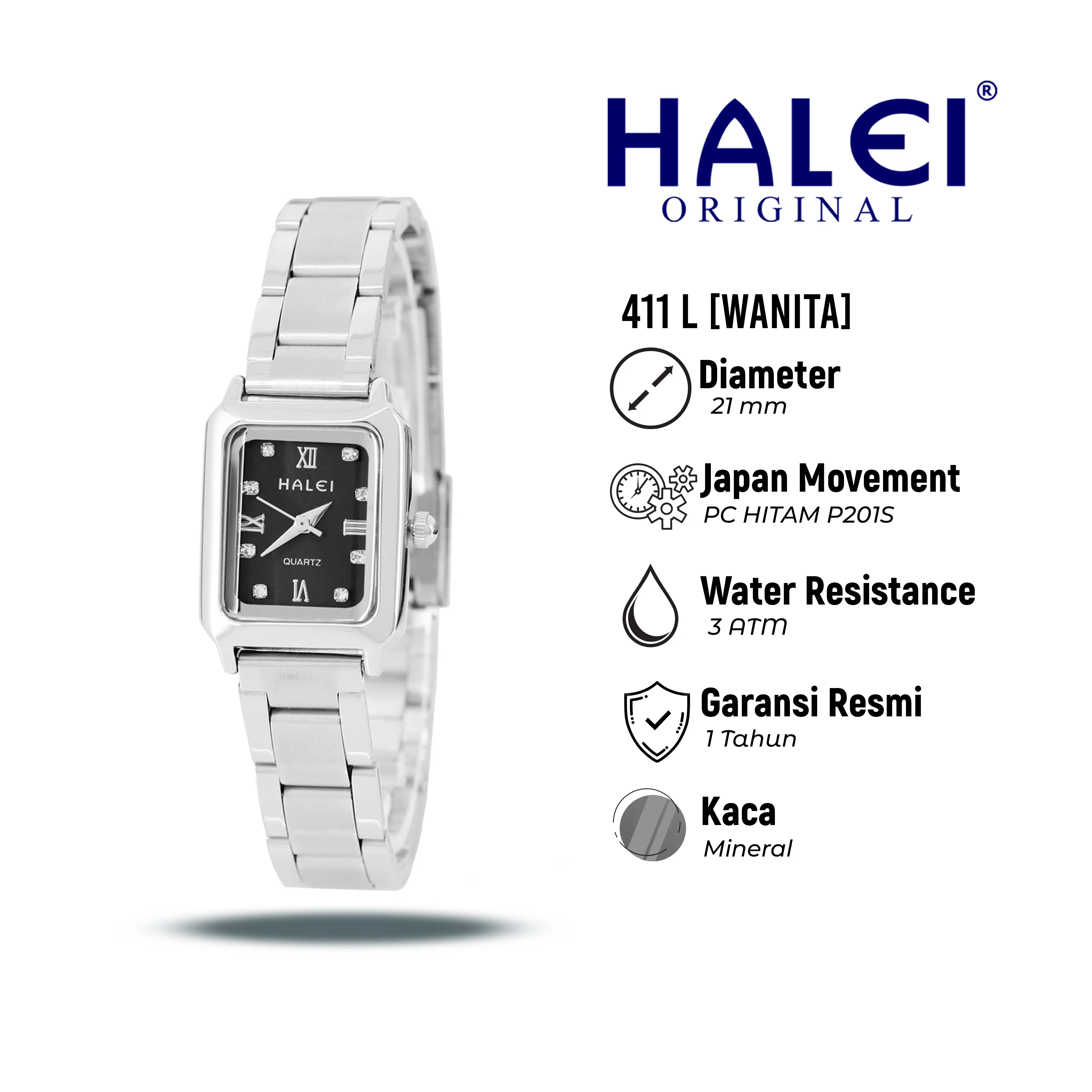 Halei Watch 411 L - Jam Tangan Wanita Rantai Stainless Steel Analog Kekinian - Tahan Air dan Garansi 1 Tahun. Free Box