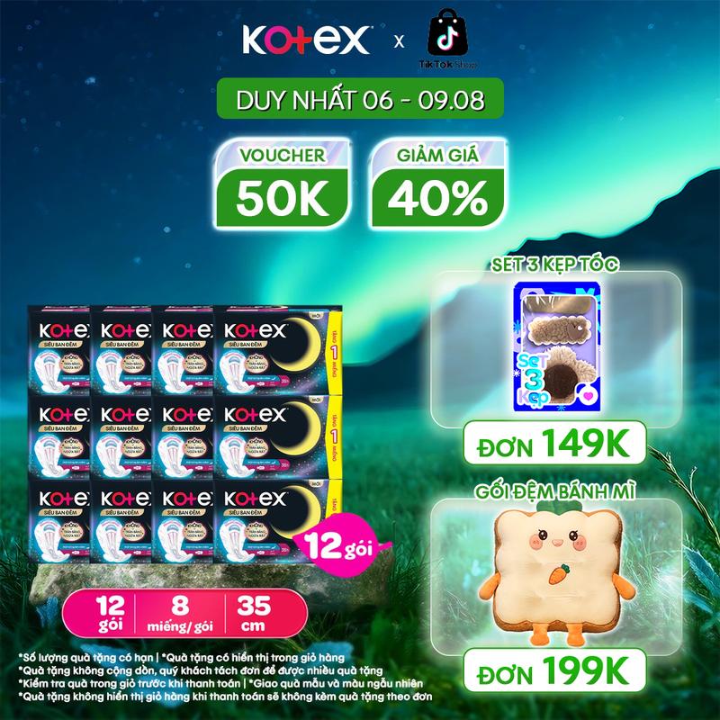 Lốc 4 gói/Lốc 12 gói Băng vệ sinh Kotex Siêu Ban Đêm 35cm Đệm bông chống tràn sau 8+1 miếng