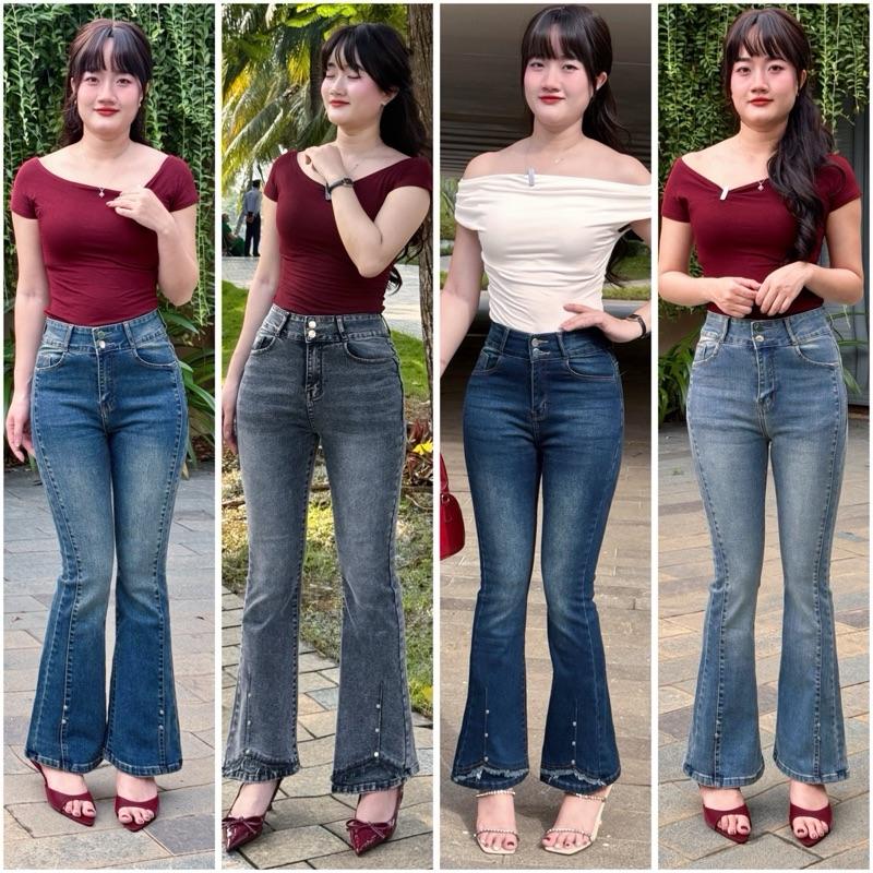 Ulee Quần Jean Nữ Ống Loe 9 TẤC KIỂU dài 90-93cm Vải Co Dãn Cạp Cao Bigsize 40-70kg cho nấm lùn