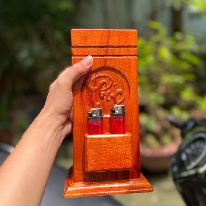 ( Tặng Kèm Khăn Lau )  Ống đựng nhang gỗ tự nhiên đẹp mắt có chỗ để hộp quẹt ( Mẫu khắc chữ: PHÚC - LỘC - THỌ )