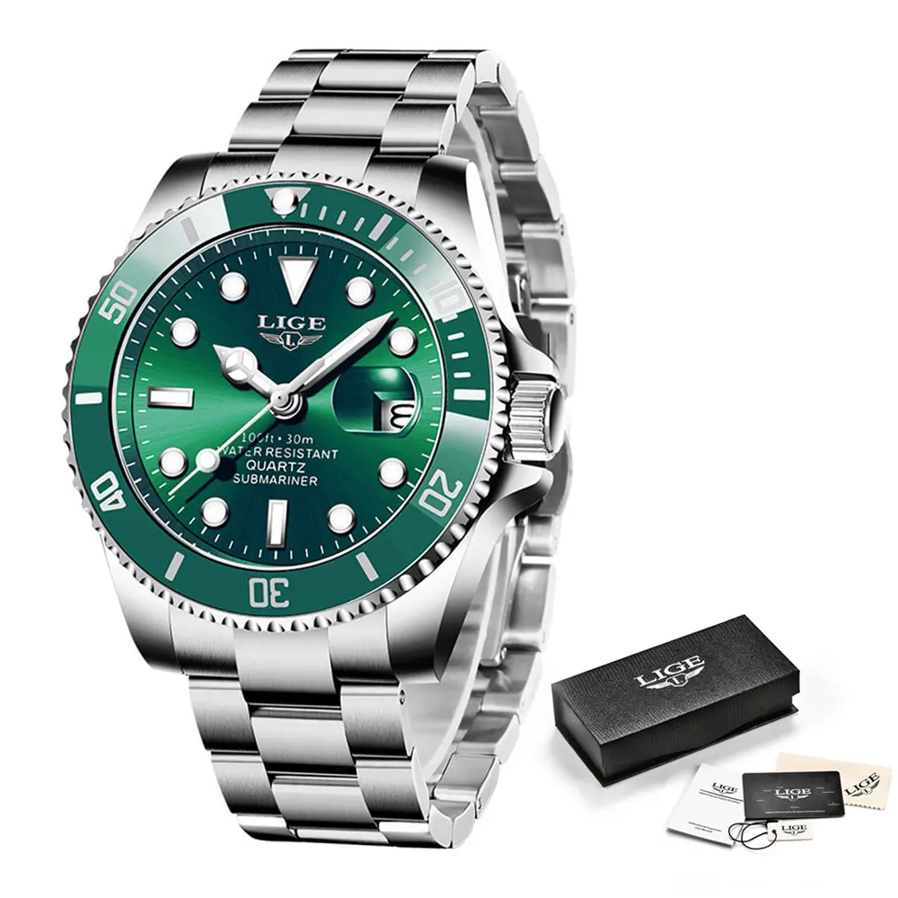 LIGE Original Fashion Watch for Men Analog Quartz Stainless Steel Strap Luminous Waterproof Date Display Classic Wrist Watch+Box