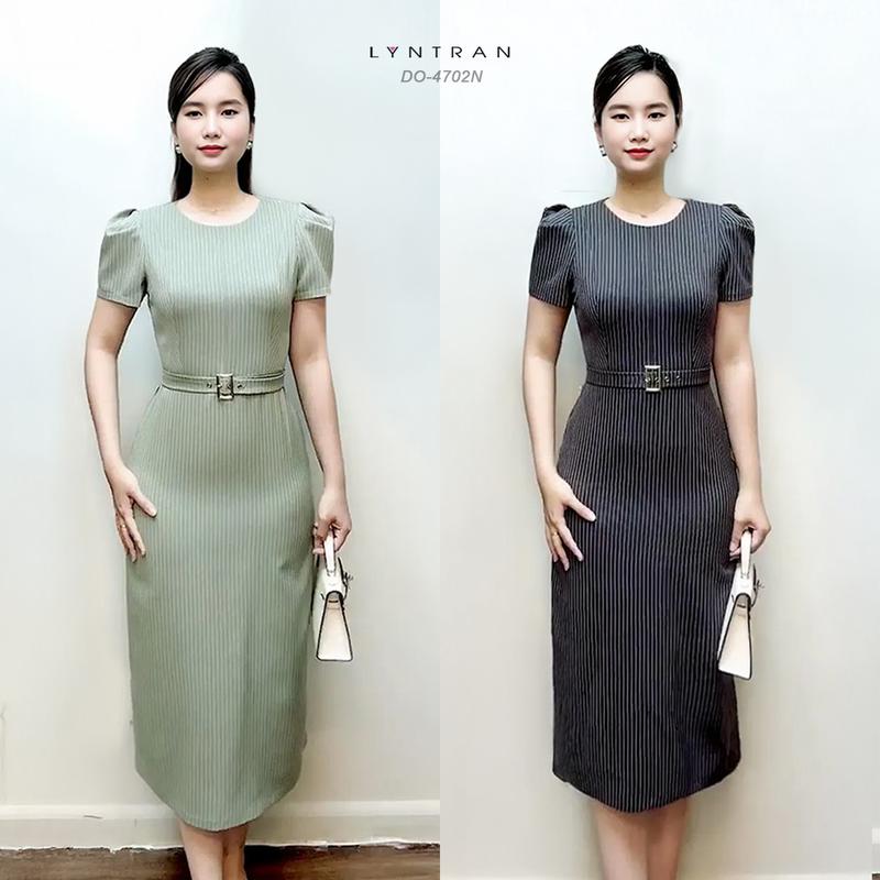  LYN TRAN - Đầm ôm công sở sọc dọc cổ tròn tay bồng phối belt DO-4702N - Chất Kate kẻ dài 107cm 1 lớp - Size S,M,L,XL - Nữ Women Dress 