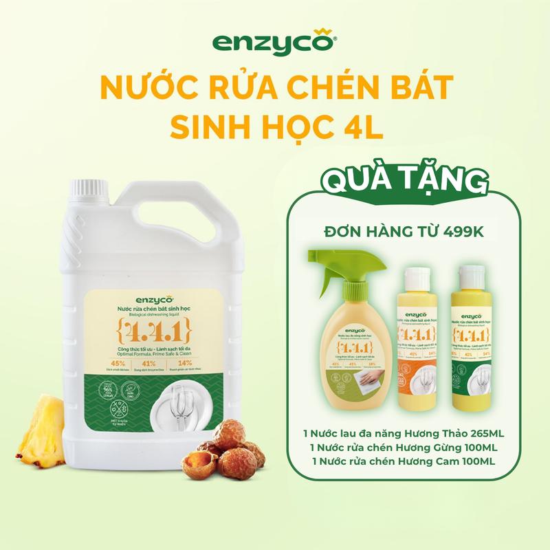 (HỎA TỐC - MUA 1 TẶNG 2) Nước rửa chén bát sinh học ENZYCO 4L - Chiết xuất Bồ hòn và Enzyme Dứa - Hương thơm từ Tinh Dầu Gừng Ta Tự Nhiên