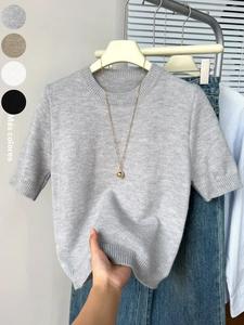 Suéter de punto mujer manga corta, cuello redondo, primavera/verano, color sólido, casual, liviano; tops verano mujer, atuendo verano mujer, prendas punto verano, tops lindos verano mujer
